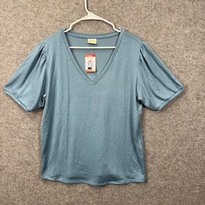 MOD REF Women Blue V-Neck Puff Short Sleeve Knit Top XL NEW